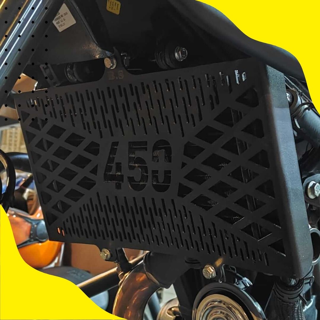 HIMALAYAN 450 RADIATOR COVER, STAINLESS STEEL RUSTFREE PRODUCT. BLACK COATED BS